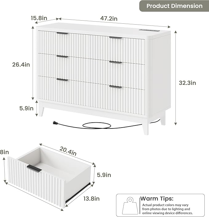 HAIOOU Fluted 6 Drawer Dresser with Power Outlet, 47.2” Wide Modern Chest of Drawers, Curved Profile Design Wooden Dresser for Bedroom, Clothing Storage Organizer TV Stand for Closet - White