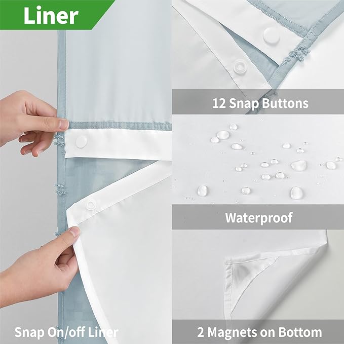 Extra Long No Hook Boho Farmhouse Shower Curtain with Snap-in Fabric Liner set-71Wx86H(84H),Tufted Chevron Striped Hotel Grade Cloth Shower Curtains for Bathroom,Water Repellent,Fog Blue