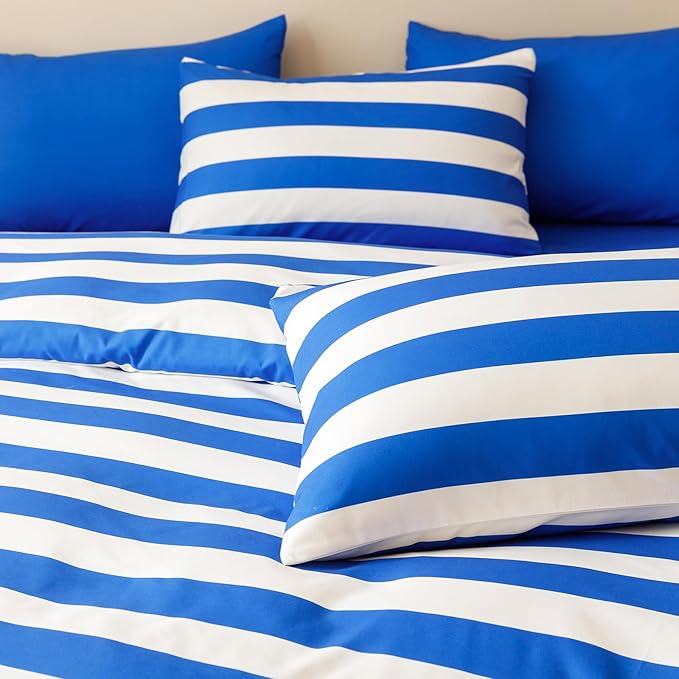 CLOTHKNOW Blue Striped Queen Comforter Set Farmhouse Bedding Comforter Sets Boho Comforter Queen Farmhouse Comforter with 2 x Pillow Cases