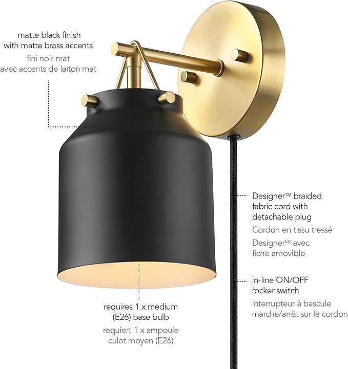 GLOBE Electric 65000102 1-Light Plug-in or Hardwire Wall Sconce, Matte Black, Matte Brass Accents, 6ft Black Braided Fabric Cord, in-Line Rocker Switch, Wall Lights for Living Room