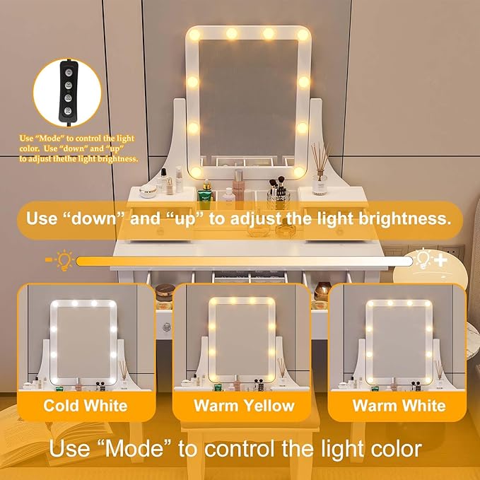 Vanity Desk with Mirror and Lights Makeup Vanity with Lights and Drawers Makeup Vanity Table with Lights Make Up Vanity Desk and Stool Set