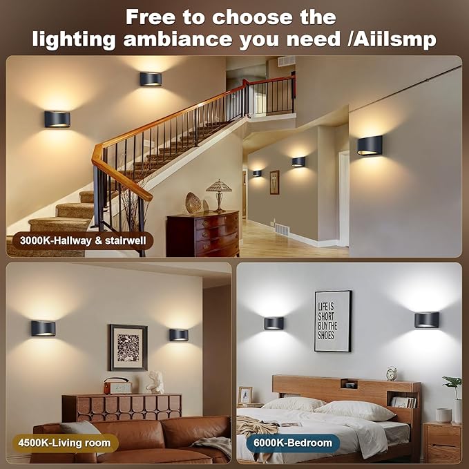 Battery Operated Wall Sconce with Remote Control,No Hardwired Aluminum Black Modern LED Wall Sconce Indoor,50W Equivalent Battery Wall Light,3000K-6500K Dimmable Wall Lamp