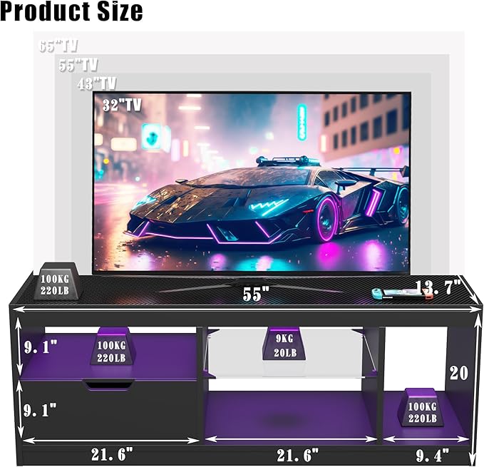 JUMMICO TV Stand, Entertainment Center LED Gaming TV Stand for 65+ Inch TV Carbon Fiber Top, Dynamic RGB Modes TV Cabinet Console with Adjustable Glass Shelves Storage Drawers (Black)