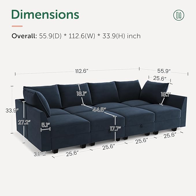 HONBAY Modular Sectional Sleeper Sofa Velvet Sleeper Couch with Storage Seats Oversized Sectional for Living Room,Dark Blue