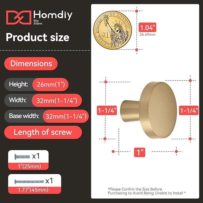 homdiy 20 Pack Champagne Bronze Cabinet Knobs Round Kitchen Handles Zinc Alloy Metal Hardware for Dresser Drawer Desk Cupboard