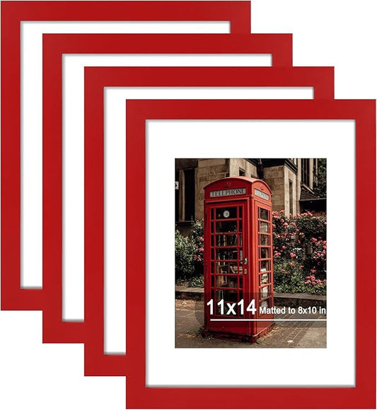 11x14 Picture Frame Set of 4, High Definition Real Glass, Display Pictures 8x10 with Mat or 11x14 Without Mat, Gallery Wall Hanging Photo Frames, Red