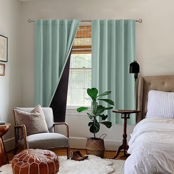 BGment Blackout Curtains with Thermal Insulation Liner Curtains 63 Inches Long, Rod Pocket and Back Tab Double Layer Room Darkening Window Curtain for Bedroom(42 x 63 Inch, 2 Panels, Frosty Green)