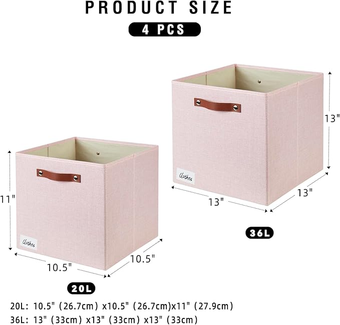Collapsible Fabric Storage Cube Bins with 2 Reinforced PU Handles, Foldable Storage Organizer Baskets for Closet, Shelves, Living Room | 13"x13"x13", 4 Pack, Full Pink