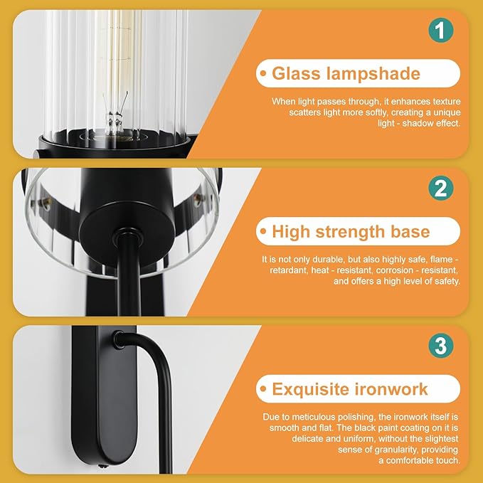 Bathroom Sconces Set of 2, Black Modern Vanity Lights with Clear Glass Shade, Indoor Farmhouse Wall Sconce for Living Room, Bedroom, Hallway, Stairwell and Kitchen