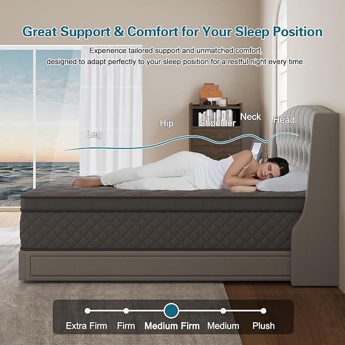 Full Mattress, 14 Inch Hybrid Mattresses Grey Euro Top Medium Firm for Back & Lumbar Support, 100 Night Trial, Individual Pocket Spring Bed for Motion Isolation & Pressure Relief
