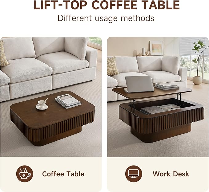 Lift Top Coffee Table for Living Room,Rectangle Handmade Solid Wood Strips, Fluted Coffee Table with Hidden Storage Compartment Small Space Office Apartment (38.6" L×26.8''W×13.8''H-Walnut)