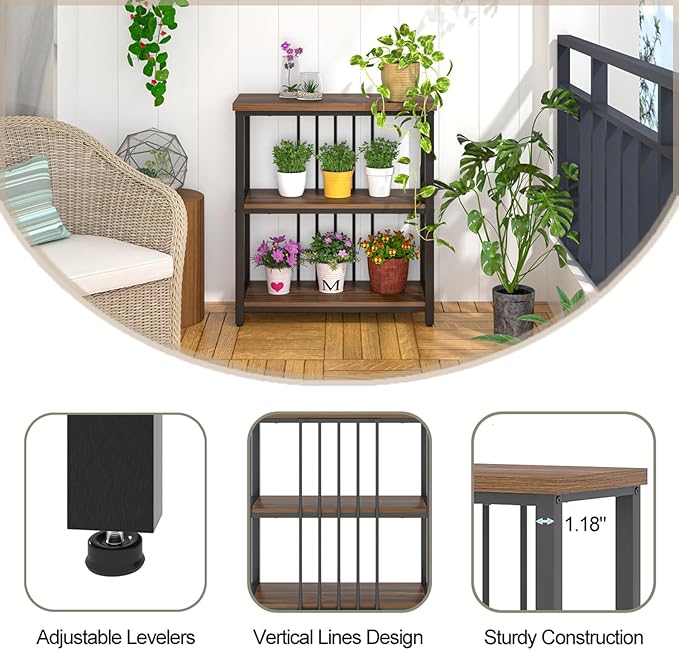 FOLUBAN Bookshelf, Small Modern 3 Tier Bookcase, Wood and Metal Standing Storage Book Shelves for Living Room, Office, Bedroom (Rustic Walnut)