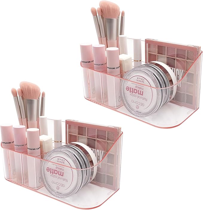 SUNFICON 2 Pack Makeup Holders Organizers Trays Cosmetic Display Case Tabletop Desktop Vanity Countertop Bathroom Wall Cabinet Medicine Storage Box Womens Ladies Girls Crystal Pink