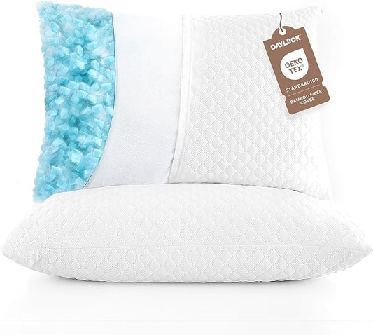 DAYLUCK Cooling Bed Pillows for Sleeping 2 Pack, Standard/Queen Size Set of 2, Firm and Soft Adjustable Shredded Memory Foam Pillows for Side Back Stomach Sleepers, Neck Pain Relief