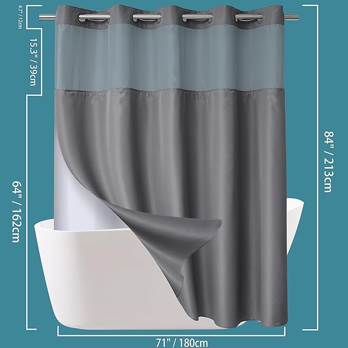 Extra Long No Hook Shower Curtain with Snap in Liner Set, Hotel Luxury Grey Fabric Shower Curtains for Bathroom with See Through Top Window, Washable, Waterproof 71W x 84H