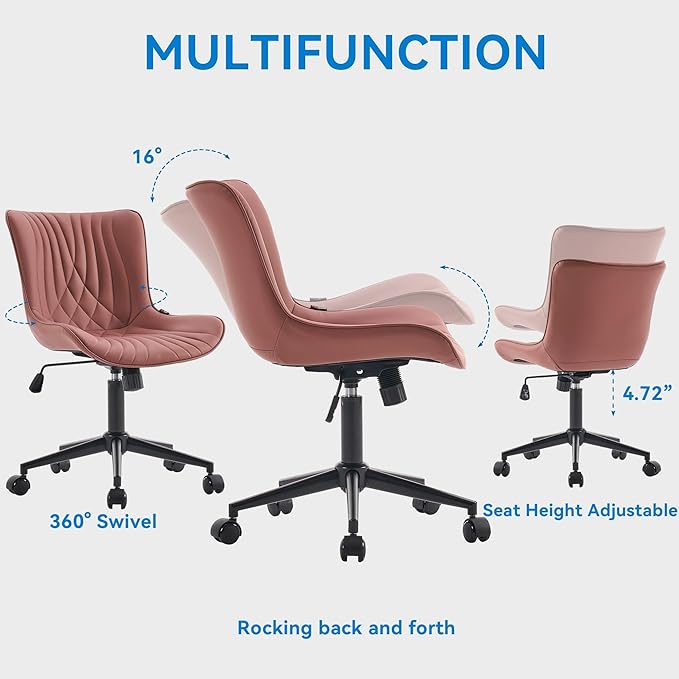 YOUNIKE Office Chair, Armless Desk Chair with Wheels, Adjustable Swivel Home Office Computer Task Chairs, Modern Faux Leather Upholstered Vanity Chair with Back, Dusty Rose
