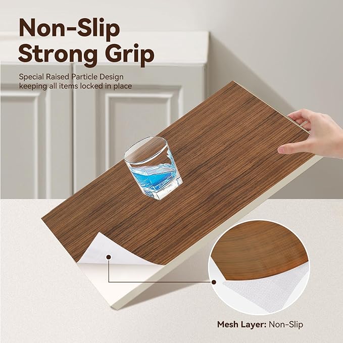Drawer Shelf Liner for Kitchen Cabinets, Non Adhesive Slip Resistant Shelf Paper Easy to Clean, Strong Grip Thickened Waterproof Washable Mats for Pantry Shelves, Cupboard, Wood Grain, 17.5 in x 30 FT