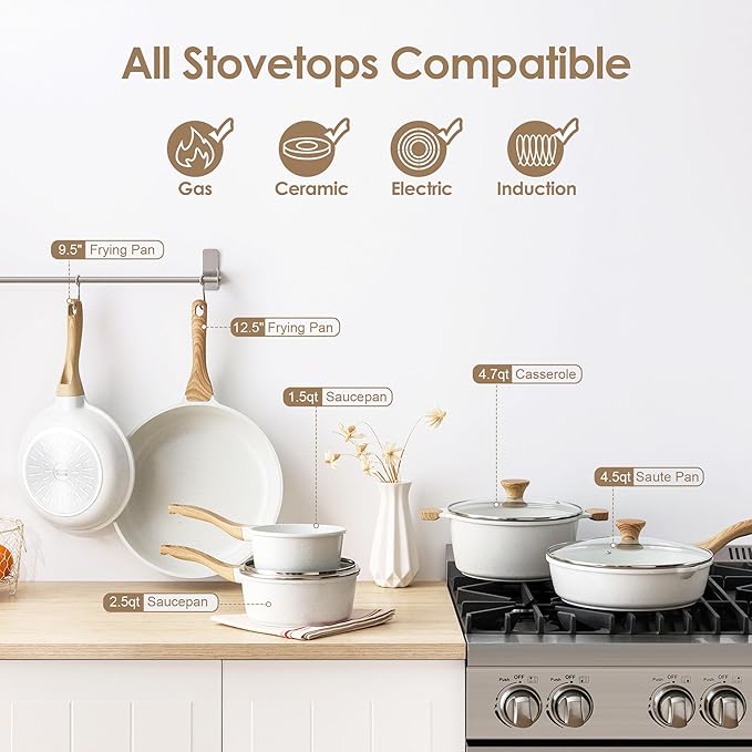 SENSARTE Nonstick Ceramic Cookware Set 16-Piece, Healthy Pots and Pans Set, Non-toxic Kitchen Cooking Set with Stay-Cool Handles, Silicone Utensils and Pot Protectors, PFAS/PTFE/PFOA Free