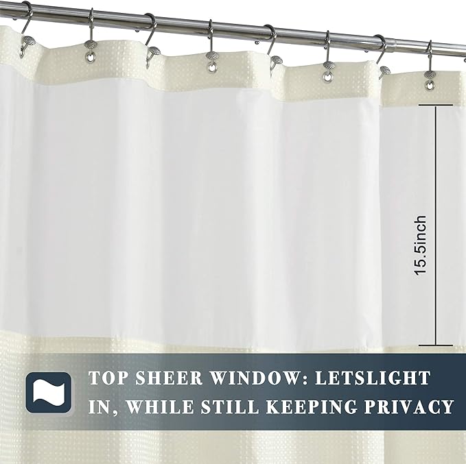 N&Y HOME Waffle Weave Shower Curtain with Snap-in Fabric Liner & Hooks Set - Hotel Style Cream Shower Curtain for Bathroom, Water-Repellent & Washable, Mesh Top Window - 71x72, Cream