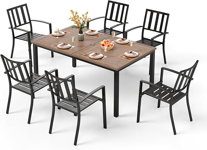 PHI VILLA 7 Pieces Outdoor Dining Set for 6, 65” Wood-Like Metal Steel Dining Table & Stackable Iron Dining Chairs, Large Dining Furniture Set for Patio, Deck, Yard, Porch
