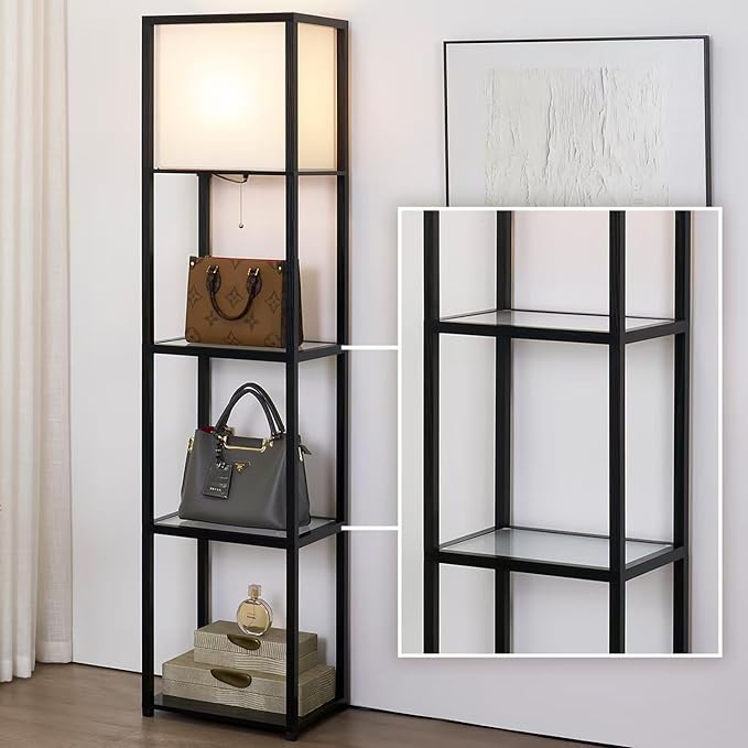 Floor Lamp with Shelves, Modern Standing Lamp with Tempered Glass, Large Display Shelf Lamp, Tall Lamps with Shelves for Living Room, Bedroom, Office, Black