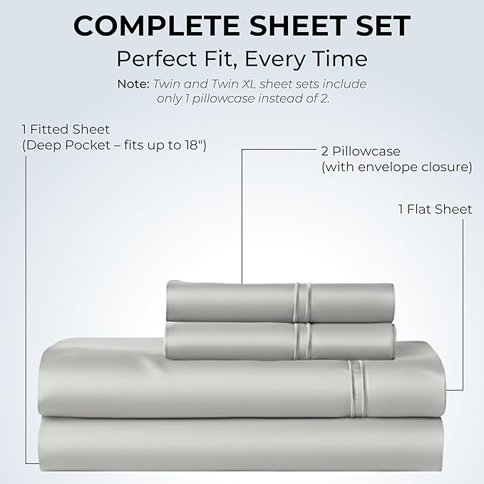 100% Natural Cotton Bed Sheets | 500 TC Single-Ply Sateen Weave Full Size Sheets | Soft, Breathable, Hypoallergenic Solid 4-Piece Bedding with Deep Pocket Fitted, Flat, Pillowcase | Grey