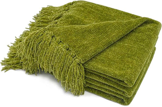 RECYCO Throw Blanket Soft Cozy Chenille Throw Blanket with Fringe Tassel for Couch Sofa Chair Bed Living Room Gift (Green, 60" x 80")