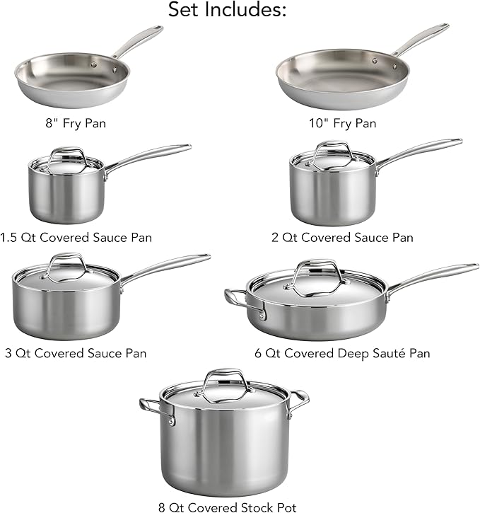 Tramontina Signature Tri-Ply Clad Stainless Steel 12-Piece Cookware Set with Lids, Pots and Pans Kitchen Set, Induction-Ready, Dishwasher-Safe, NSF-Certified, Made in Brazil