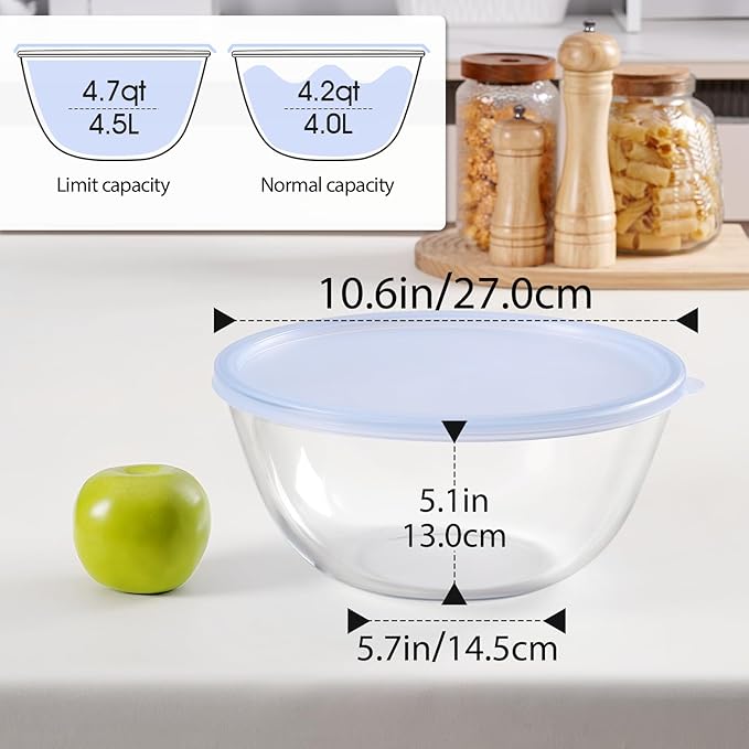 NUTRIUPS 4.7 Quart Large Glass Mixing Bowl with Lid, Deep Big Glass Bowl Large Salad Bowl (Transparent Twilight Purple)