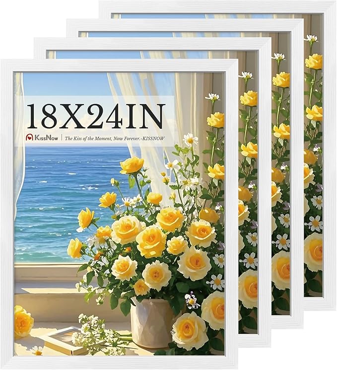 18x24 Poster Frame 4 Pack, White Solid Wood Picture Frame with Polished Plexiglass, Wall Hanging