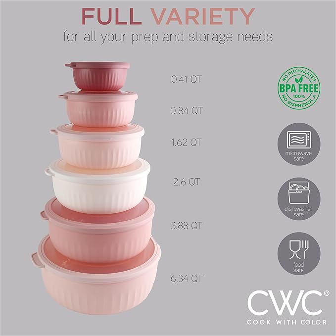 COOK WITH COLOR Prep Bowls with Lids- Wide and Deep Nesting Plastic Small Mixing Bowl Set with Lids, 12 Piece Set - Wide Bowls, Pink