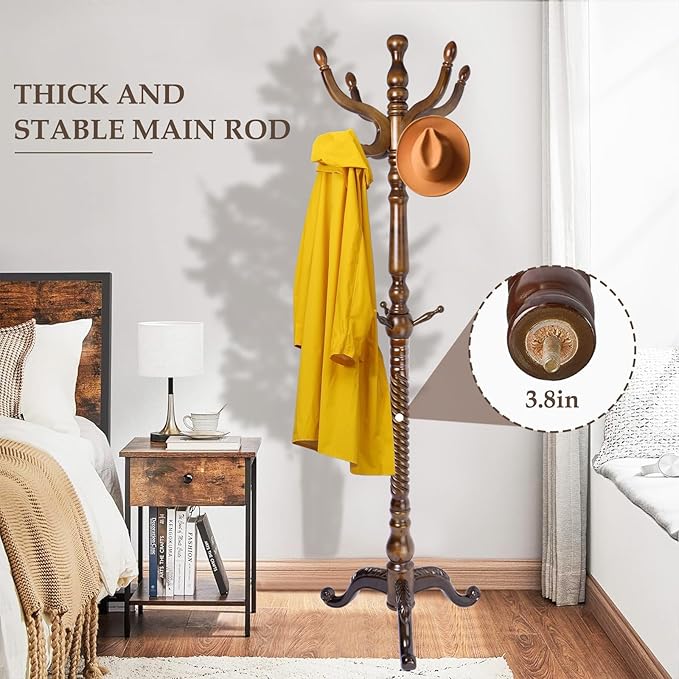 Wood Coat Rack Freestanding, Natural Coats Tree Stand with 11 Hooks, 74.8" Sturdy and Easy Assembly Coat Rack Stand for Entryway, Hallway, Bedroom, Bags, Hats (Tri-legged Base, Walnut)