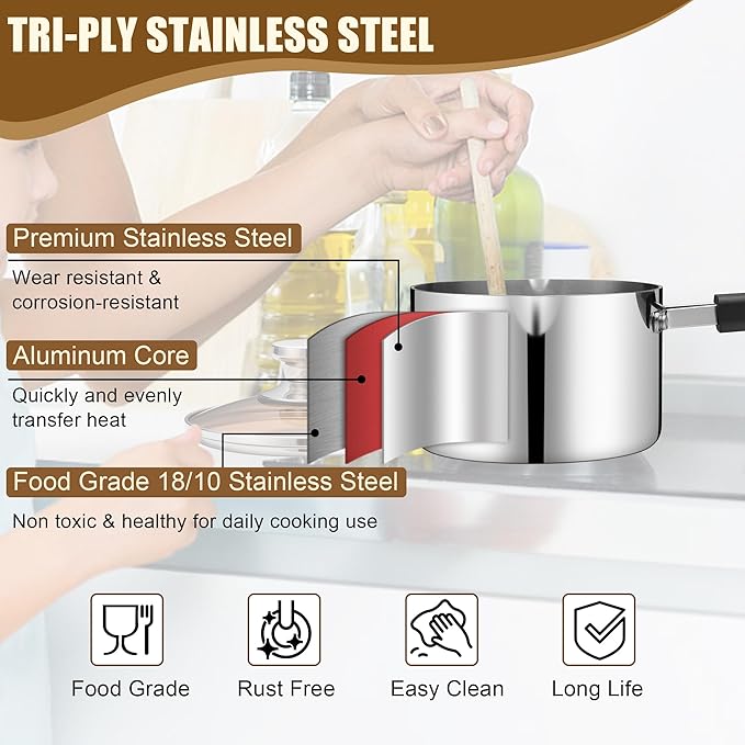 E-far 1 Quart Sauce Pan with Lid, Stainless Steel Tri-Ply All Clad Small Cooking Pot with Pour Spout, Multipurpose Induction Saucepan & Stay-Cool Handle, Compatible with All Cooktops, Dishwasher Safe