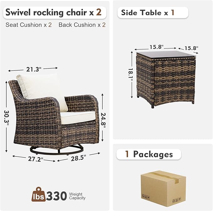 3 Pieces Patio Furniture Set with Swivel Chair, Outdoor Swivel Rocker with Washable Cushions & Tempered Glass Tabletop, Outdoor Rattan Conversation Set for Lawn Backyard Porch (Brown)