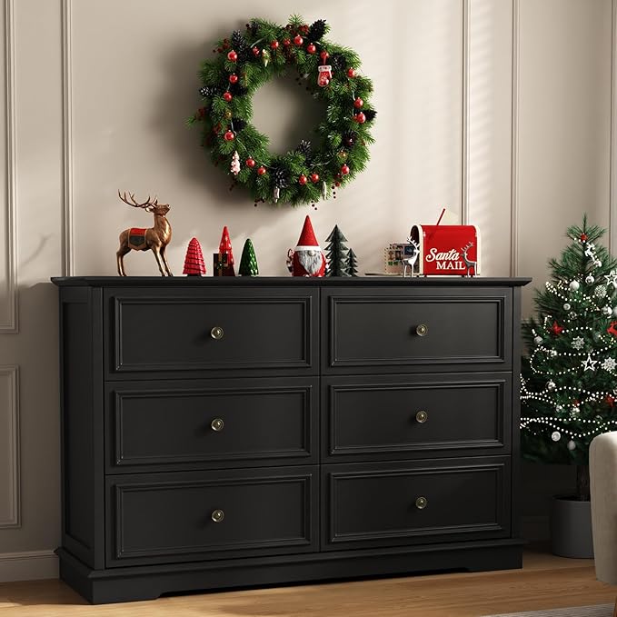 6 Drawer Dressers for Bedroom, Black Wooden Chest of Drawers with Deep Drawers, Closet Dressers with Metal Handle for Bedroom, Living Room
