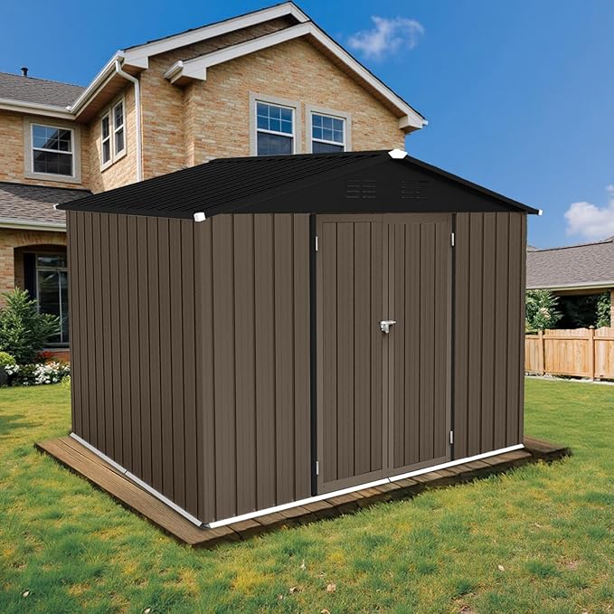 8 x 6 FT Outdoor Storage Metal Shed, Bike Garden Tool Shed with Slooping Roof, Lockable Doors and Aluminum Frames, Shed Easy to Assemble for Garden, Patio, Lawn, Brown