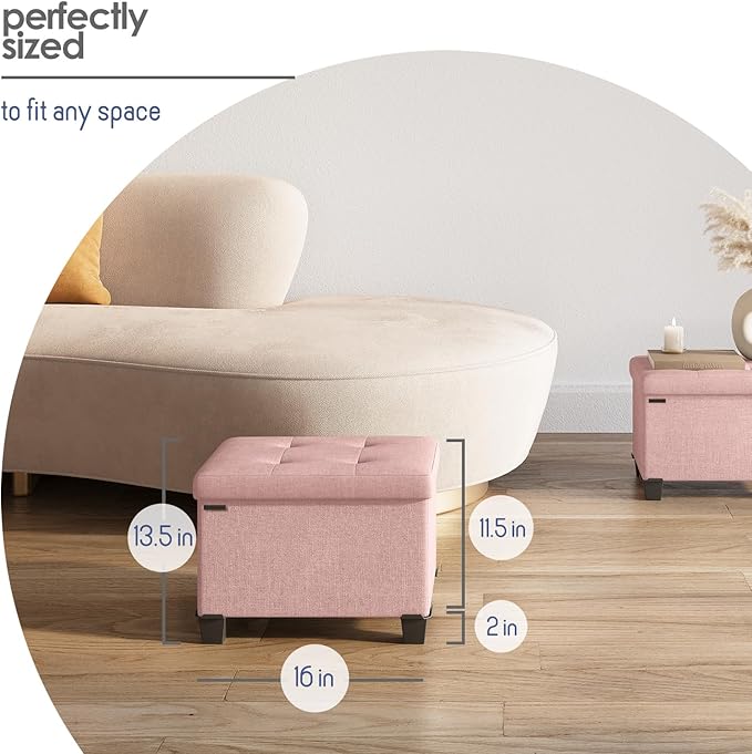 STORAGEBUD Storage Ottoman Cube with Small Bin, 16-in Square Ottoman with Storage for Living Room and Bedroom, Small Ottomans Foot Rest, Fabric Foot Stools Ottomans Max 330lbs, Pink