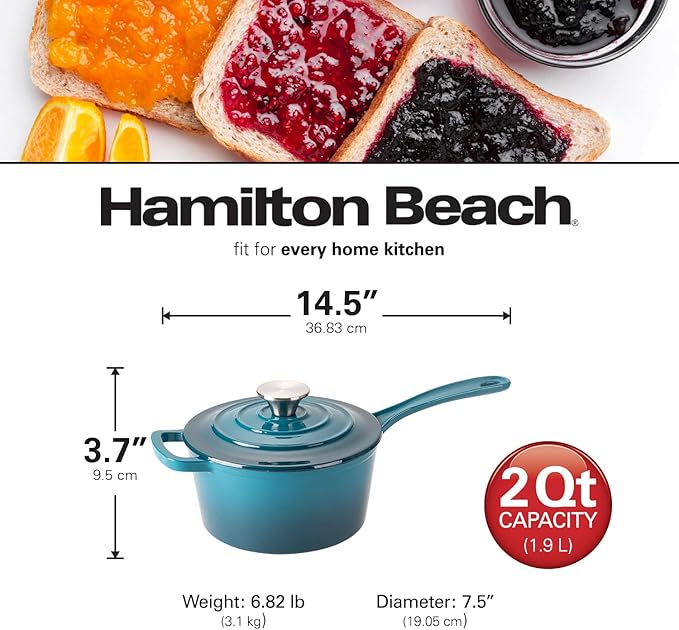 Hamilton Beach Enameled Cast Iron Sauce Pan 2-Quart Navy, Cream Enamel coating, Pot For Stove top and Oven Cooking, Even Heat Distribution, Safe Up to 400 Degrees, Durable