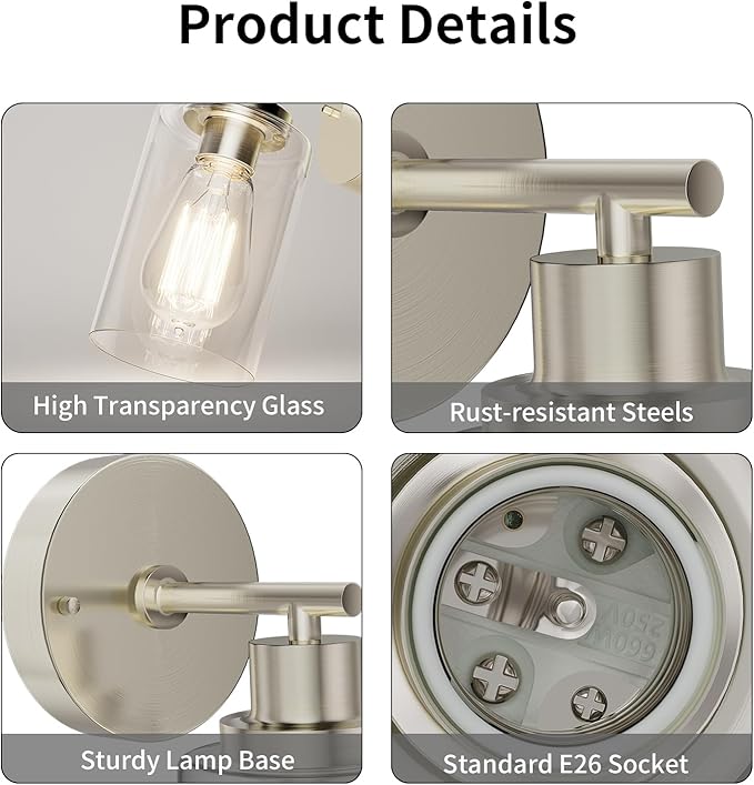 Bathroom Wall Sconces Set of Two: Brushed Nickel Vanity Light Fixtures with E26 Base LED Cordless Indoor Wall Mount Lamp for Mirror Bedroom Hallway Stairway Modern Decor Lighting