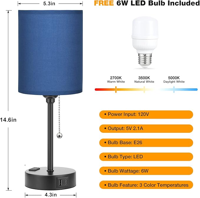 Blue Table Lamps 3 Color Temperatures - 2700K 3500K 5000K Bedside Lamps with USB C and A Ports, Pull Chain Lamps for Bedrooms with AC Outlet, Nightstand Lamps with Black Metal Base for Kids Boys