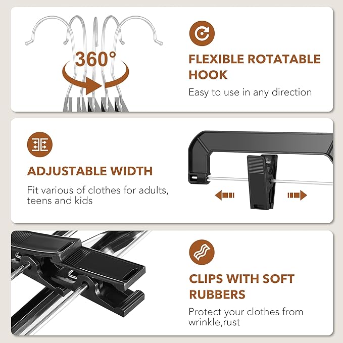 HOUSE DAY Black Pants Hangers with Clips 12 Pack, Plastic Skirt Hangers for Women, 14 Inch Clip Hanger for Pants, Skirts, Jeans, Shorts, Legging, with 360-degree Swivel Hook, 2 Adjustable Clips