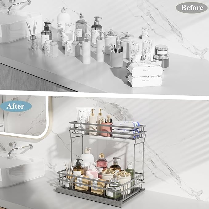 2 Pack Under Sink Organizers and Storage, 2 Tier Pull Out Cabinet Organizer, Metal Sliding Drawer Storage for Kitchen Bathroom，Gray