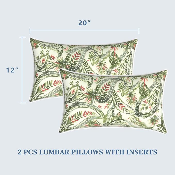 LVTXIII Set of 2 Outdoor Lumbar Pillows for Patio Furniture with White Piping, 12"x20" Fade Resistant Patio Lumbar Pillows with Inserts for Home Coach Sofa Use, Faylinn Shadow Paisley