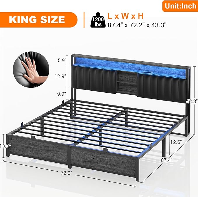 Aheaplus King Bed Frame with Charging Station & Led Lights, Platform Bed with Leather Upholstered Headboard and Storage, Metal Slats Support, No Box Spring Needed, Noise-Free, B6, Black Oak