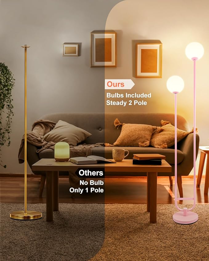 Lightdot 63IN Pink Floor Lamp, Modern Mid Century Globe Standing Lamps with 3000K LED Bulbs Candle Holder Style Unique Vintage Tall Floor Lamp for Living Room/Wedding