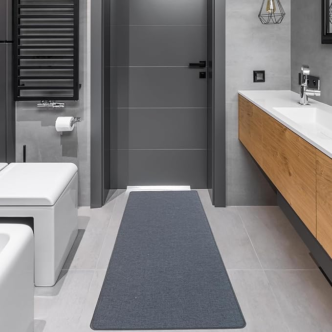 Yancorp 2'x5' Ultra Thin Bathroom Rugs,Low Profile Bath Rug,Fit Under Door,Non Slip,Machine Washable Shower Rug,Dark Grey
