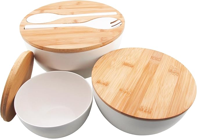 Salad Bowls Set of 3 with Lid & Serving Utensils, Bamboo Fiber Mixing Bowls Set Large Serving Bowls & Storage Set with Bamboo Lid for Salad, Kitchen Eating, Pasta, Popcorn, Chips, Fruit, White