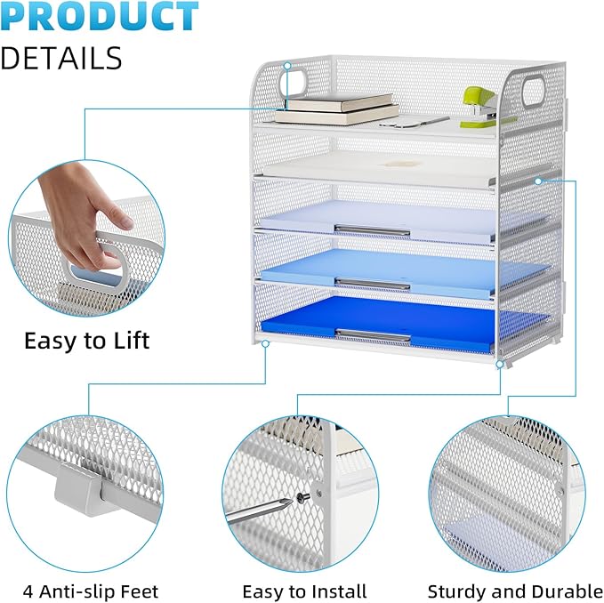 Marbrasse Paper Organizer Letter Tray, 5 Tier Mesh File Organizer with Handle, Paper Sorter Desk Organizer for Home Office Supplies - White