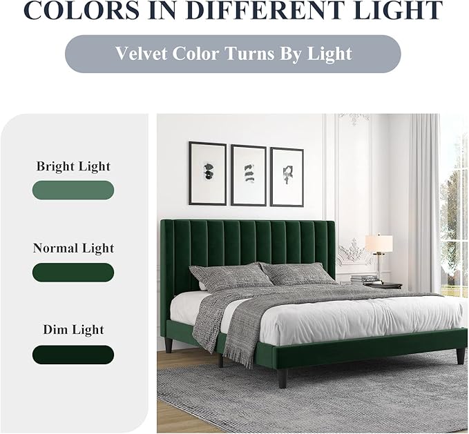 Allewie Full Bed Frame/Velvet Upholstered Bed Frame with Vertical Channel Tufted Headboard/Strong Wooden Slats/Platform Bed Frame/Mattress Foundation/Box Spring Optional/Easy Assembly/Green