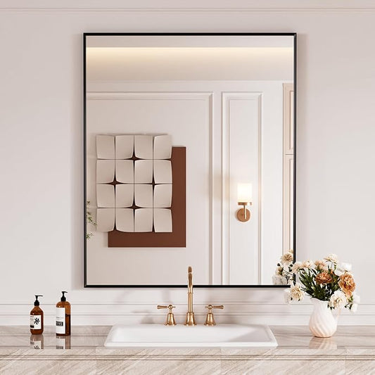 Black Bathroom Vanity Mirror 30x36 Inch, Rectangle Matte Black Bathroom Mirror, Square Corner, Tempered Glass, Bedroom, Living Room, Entryway, Wall Mounted(Vertical/Horizontal)
